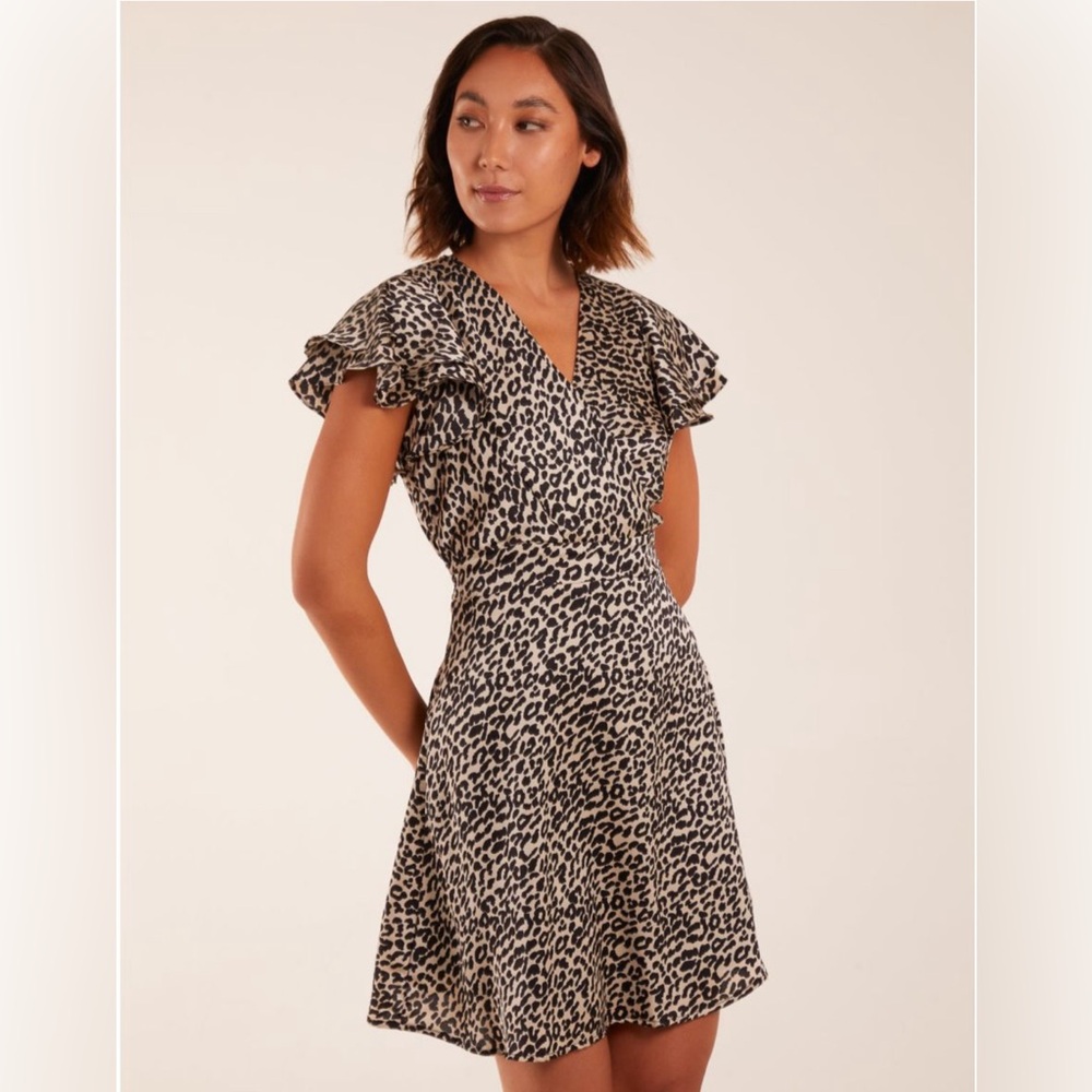BLUE VANILLA V Neck Wrap Frill Mini Dress Leopard Print• SIZE S • BRAND NEW TAGS